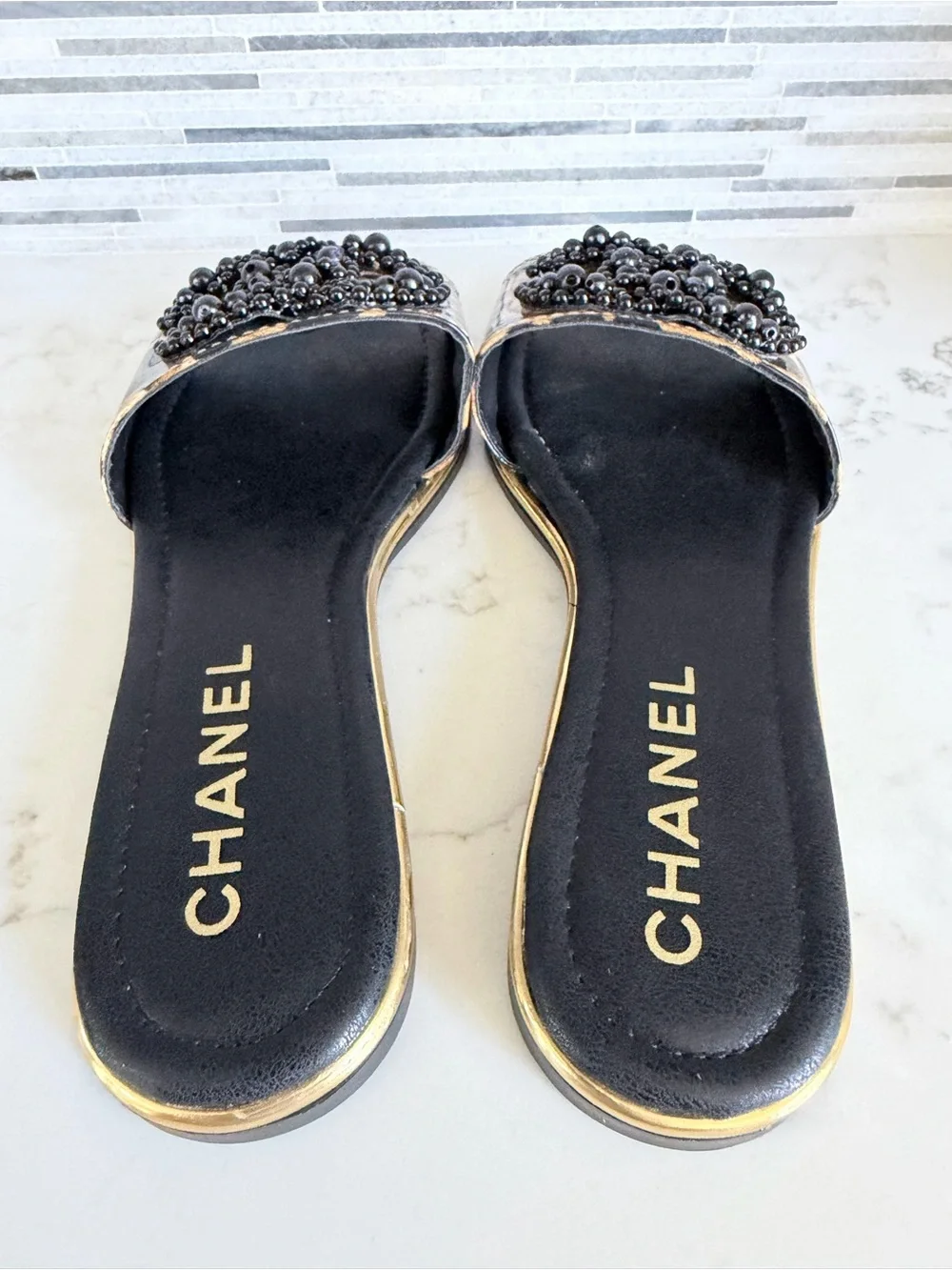 CHANEL Leopard Beaded Slide Mules in Black & Brown size 6